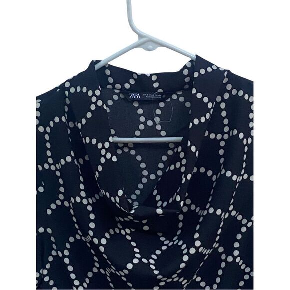 ZARA Black White Polka Dot Draped Cowl Neck Long Sleeve Blouse Size Small Classi - Picture 2 of 6